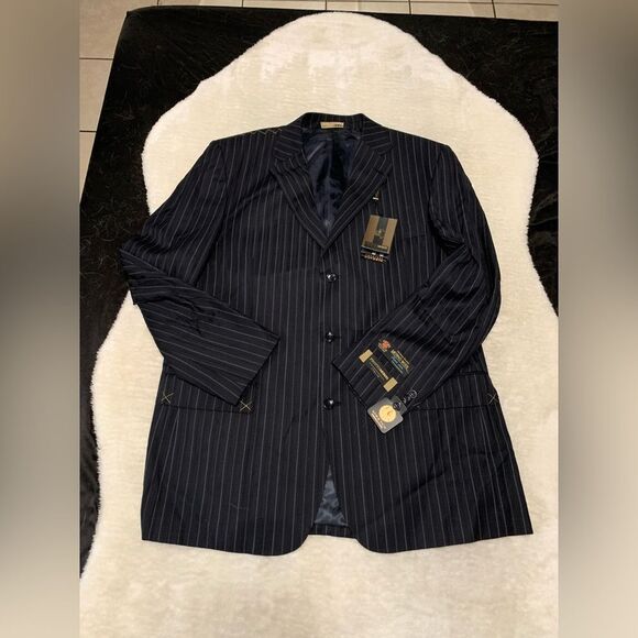 Pronto Uomo Mens Navy Blue Striped Coat‎ Blazer 46L Wool NWT